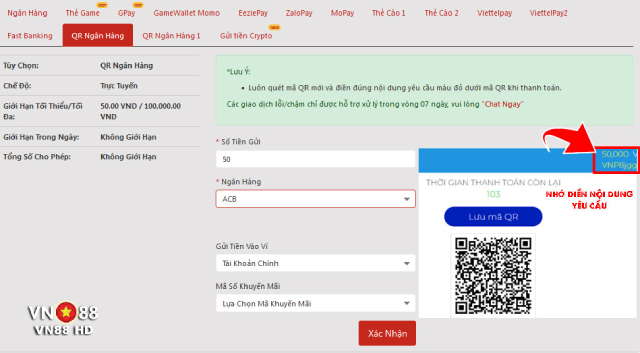Sử dụng code ngân hàng để nạp tiền VN88